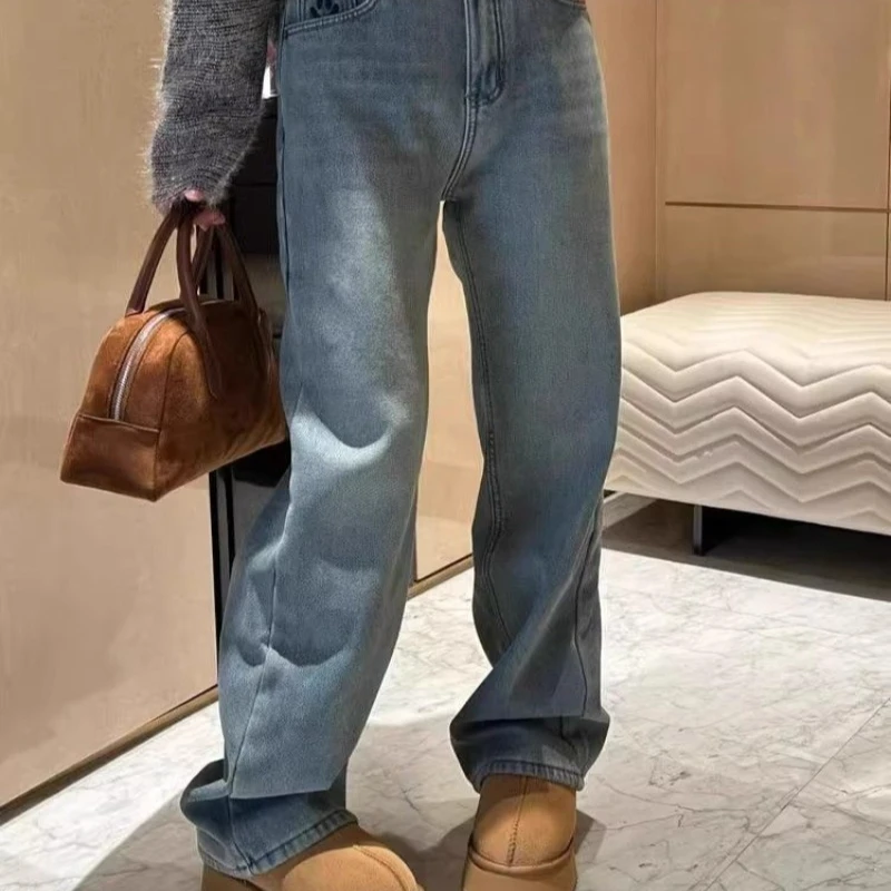 Dżinsy damskie z haftem uśmiechniętej buźki, pluszowe, grube, z szerokimi nogawkami, jesienno-zimowe, nowe, z wysokim stanem, codzienne, wyszczuplające, proste spodnie.