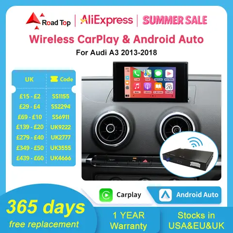 Android Auto Wireless CarPlay for Audi A3 8v Q2 8P 2013-2018, with Mirror Link AirPlay Bluetooth USB Reverse Camera Functions