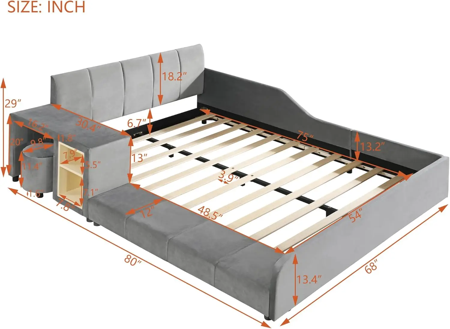 Cama estofada completa Softsea, cama plataforma mãe e filho com mesa de cabeceira e pequeno banco redondo, tecido de veludo