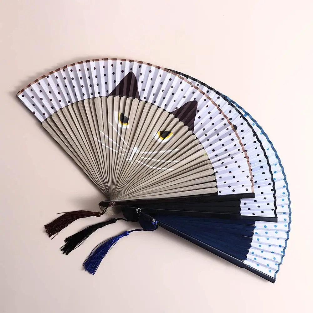 

1 pcs Quality Handmade Bamboo Wooden Cat Patterns Summer Gift Home Decoration Silk Fan Folding Fan Fan Crafts