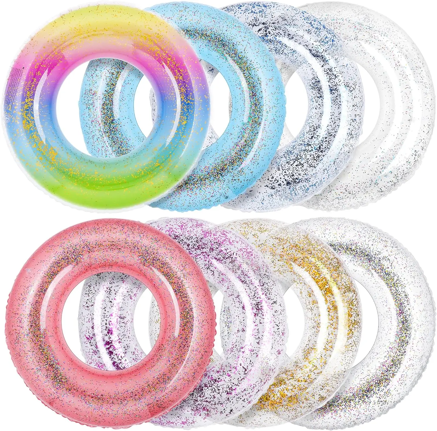 8 Pieces 36 Inches Inflatable Pool Floats Colorful Glitter Pool Tubes Transparent Swimming Ring Pool Floats Toy for Summer Beach