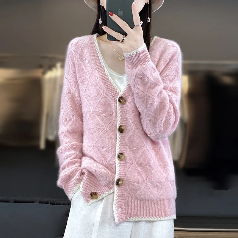 BELIARST Spring and Autumn New 100% Wool Cardigan Women\'s V-neck Jacquard Coat Casual Contrast Knitted Top Thickened Versatile