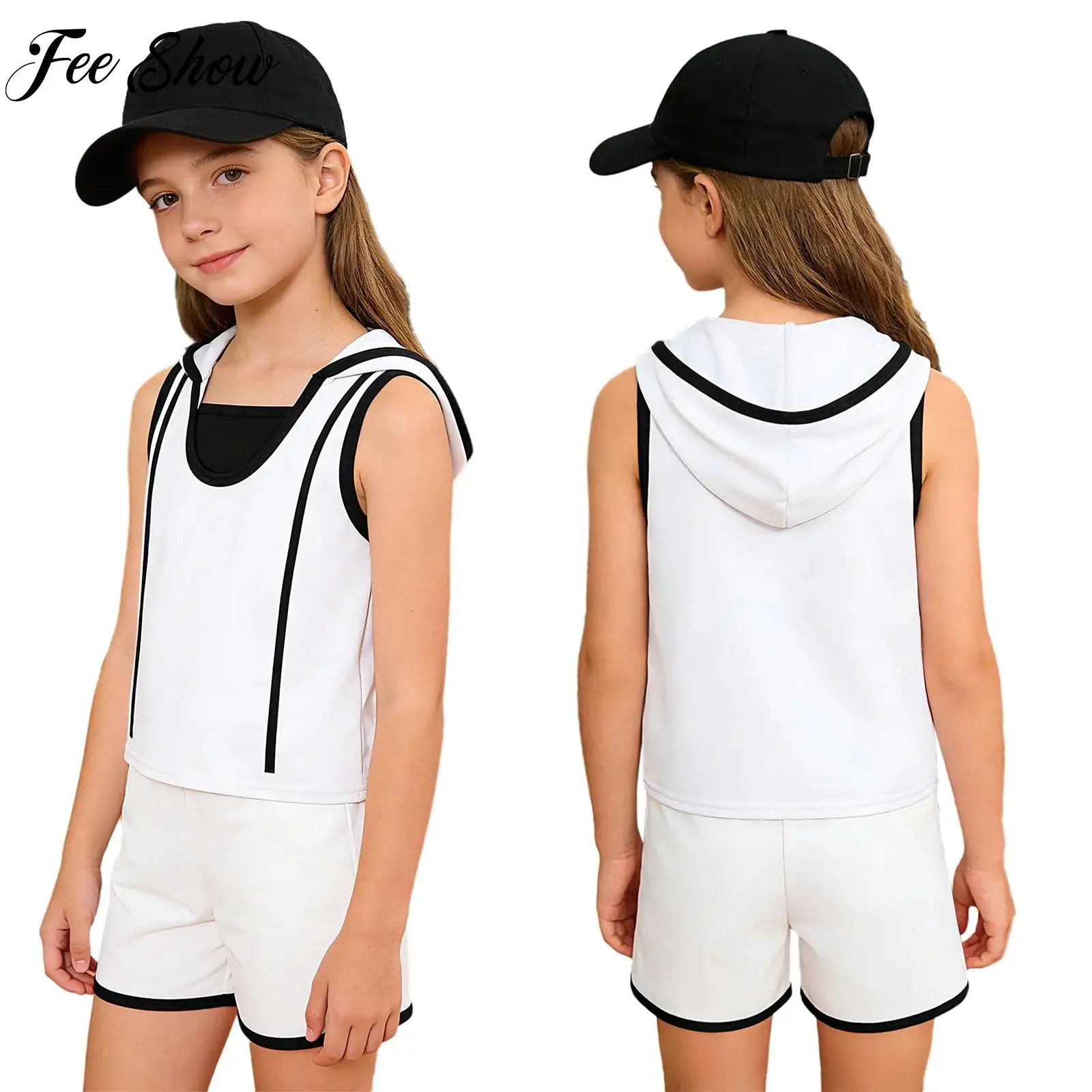 

Спортивный костюм контрастного цвета для девочек, 2 шт., жилет без рукавов с капюшоном и шорты для танцев в стиле хип-хоп, скейтбординга, повседневная одежда