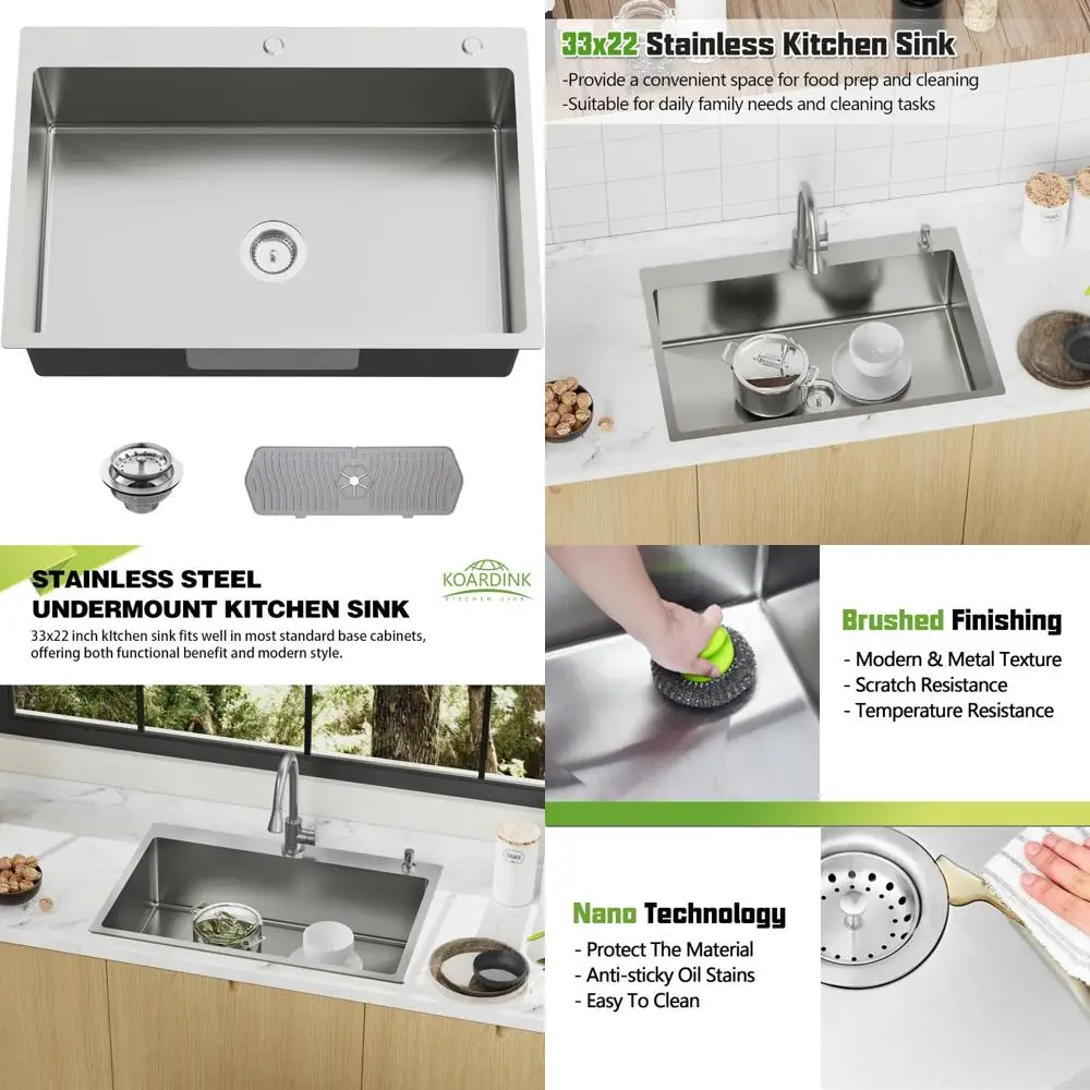 

Stainless Steel 33x22 Inch Modern Single Bowl Kitchen Sink with Silicone Mat and Drain Strainer Set - Premium Quality Drop In To