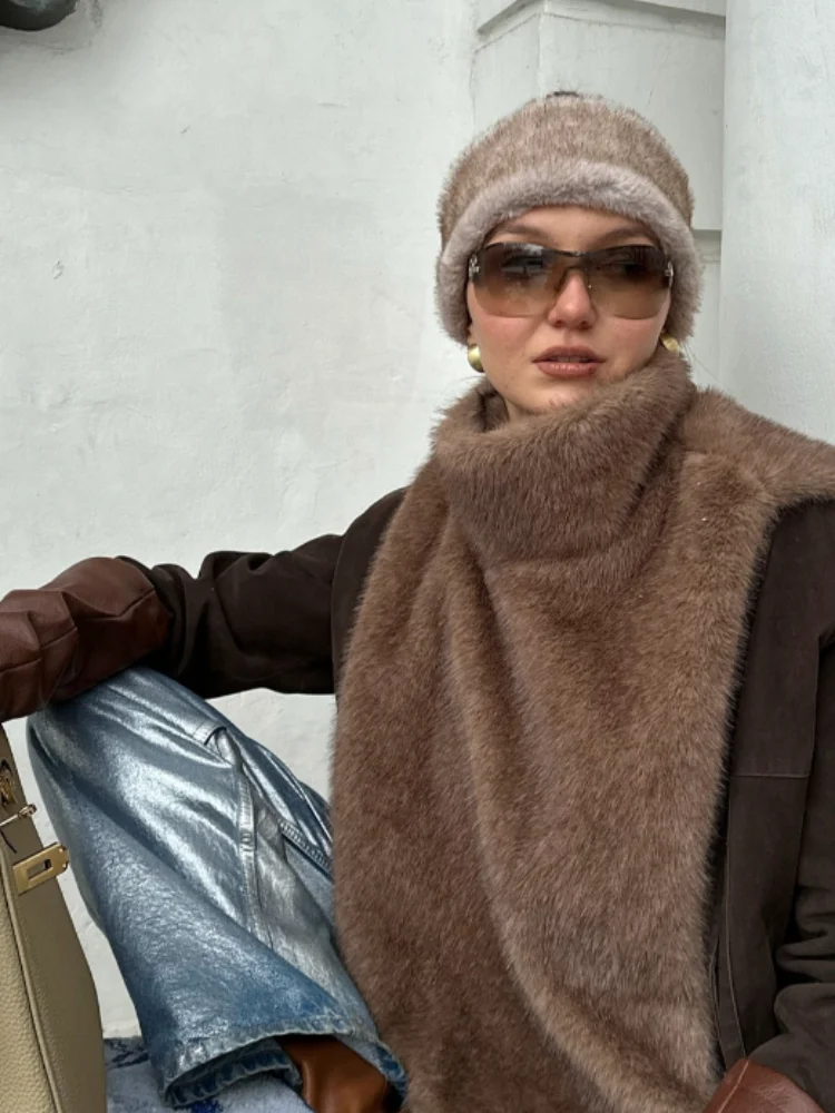 

Faux Fur Solid Fluffy Turtleneck Vest Crop Top Fashion Women Short Tank Tops 2025 Winter Female Elegant Sleeveless Jacket Coat