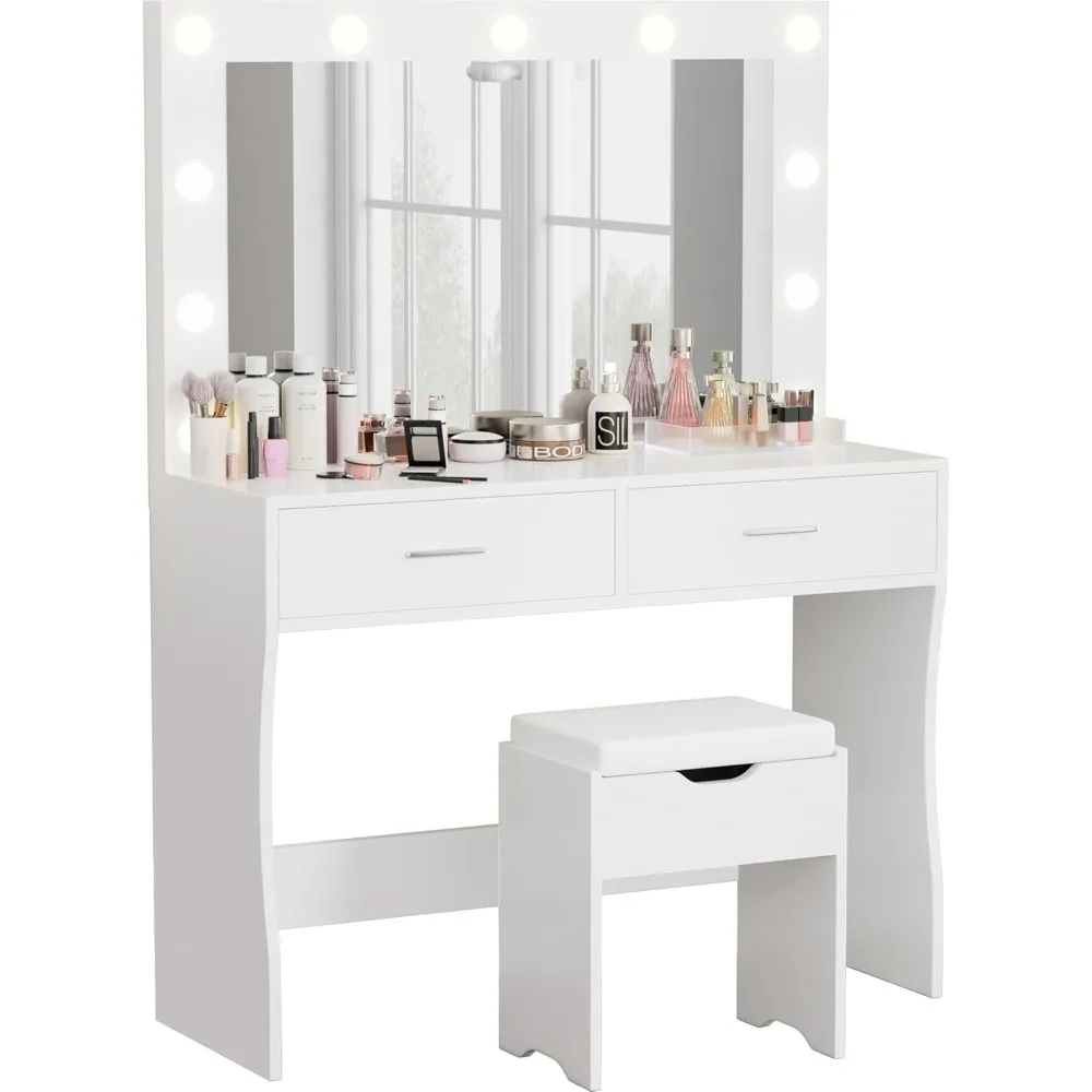 

Vanity Desk Set with Large Lighted Mirror, 35.4 Inch Makeup Vanity Table with 2 Drawers, Cushioned Storage Stool,3Lighting Modes