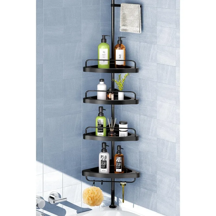 Corner Shower Caddy Tension Pole: Adjustable Stainless Steel Shower Organizer with 4 Tier Shelf for Bathroom Bathtub Tub Shampoo