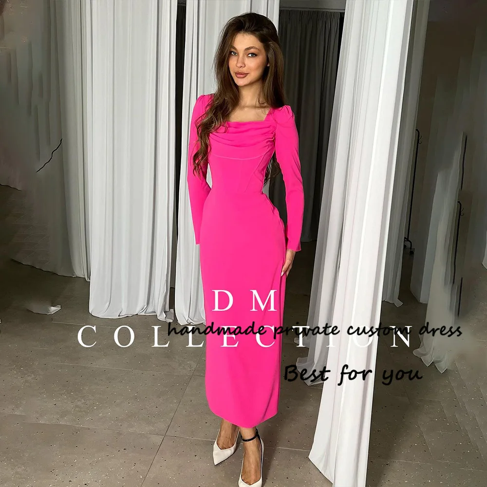 

Hot Pink Mermaid Evening Party Dresses Long Sleeve Square Neck Formal Dress Ankle Length Evening Party Gowns Lace Up Back