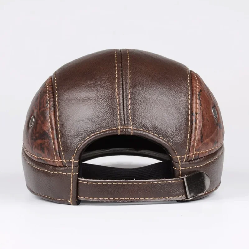 Men Genuine Leather Baseball Caps Male Casual Cowhide Belt Ear Warm 56-60 Adjustable Splice Flight Hats Patchwork Printing