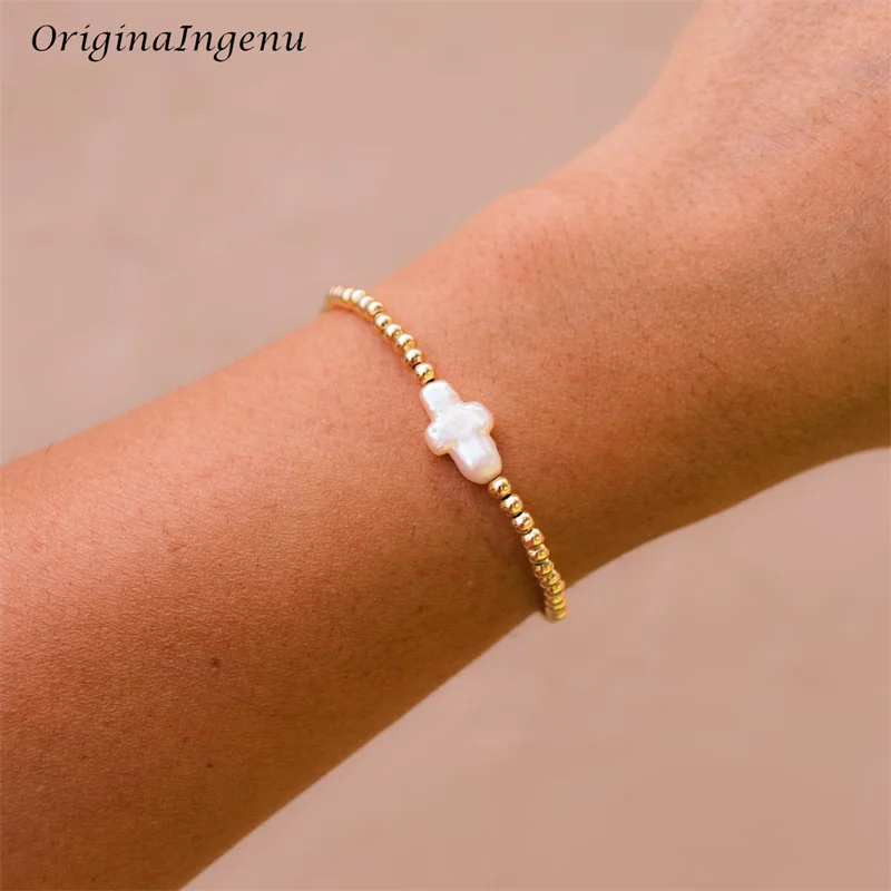 Elasticity Gold Beaded Bracelet 14K Gold Filled Natural Pearl Bracelet  Tarnish Resistant Jewelry Boho Women Cross Jewelry