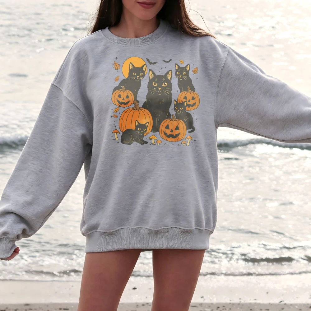 Cute Black Cat Pumpkin Halloween T Shirt Women Funny Spooky Kitten Graphic Print Short Sleeve Casual Autumn Beach Pet Lover Gift
