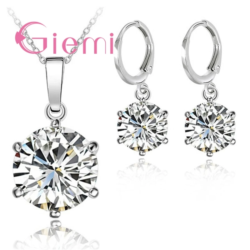 Newest Simple Style Colorful CZ Jewelry Set 925 Sterling Silver  Accessories For Lady Charm Pendant Necklace Hoop Earrings