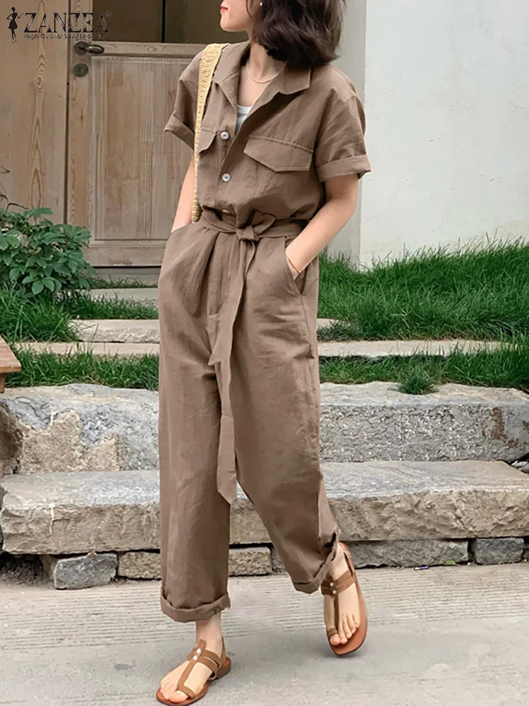 

2023 ZANZEA Summer Casual Cargo Overalls Women Lapel Neck Short Sleeve Jumpsuits Solid Loose Playsuits Work Rompers Suspenders