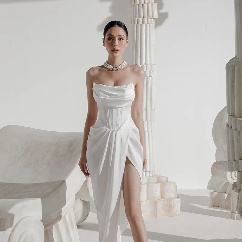 

Strapless Mermaid Waist-Cinching Ruched Bodycon Bridal Wedding Toast Dress Autumn New Hepburn Style High-Slit Dress