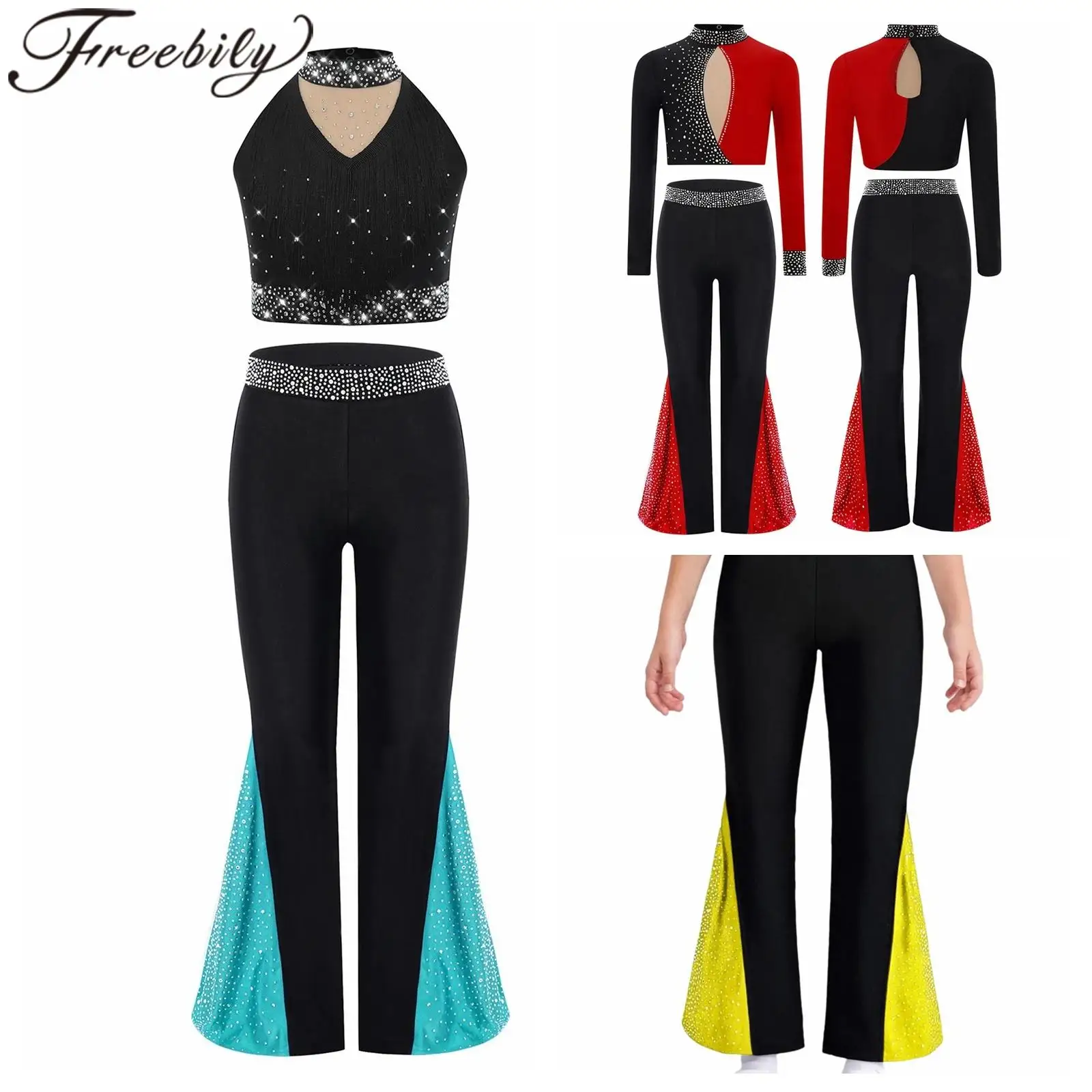

Kids Girls ballet Latin Modern Lyrical Dance Costume Suits Figure Skating Outfits Crop Top + Bell-Bottom Pants Dancewear Sets