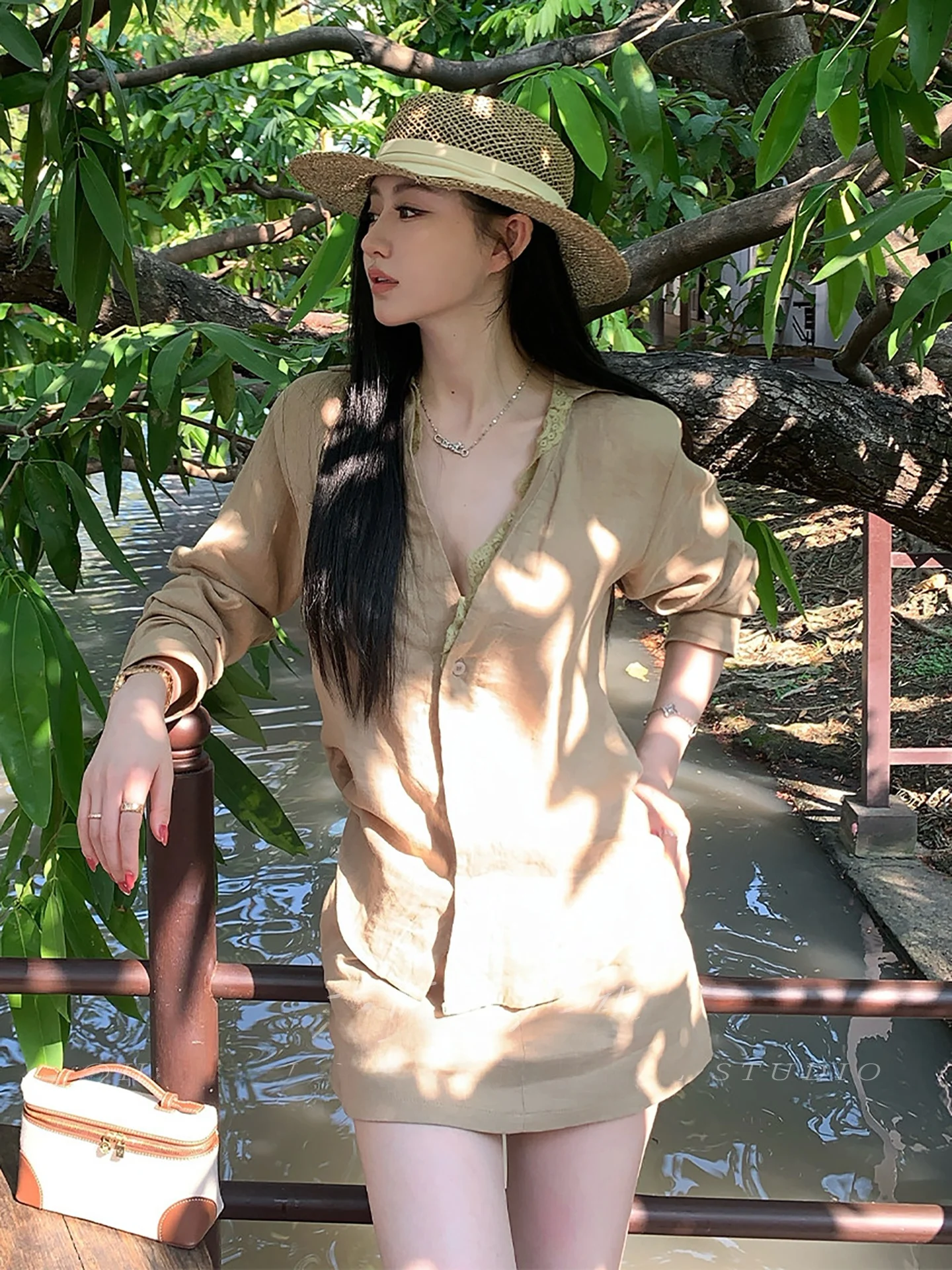 Khaki Linen Lace Patchwork Casual Shirt Spring Summer New Style Women's Two-Piece Set Short Sleeve Long Sleeve Fashion Ensemble