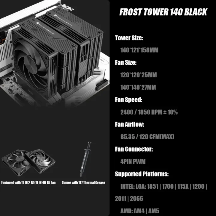 Thermalright FROST TOWER 140 BLACK CPU Air Cooler 158mm Height Dual-Tower Dual-Fan Heatsink 7 Heat Pipe & Heat Dissipation Solde