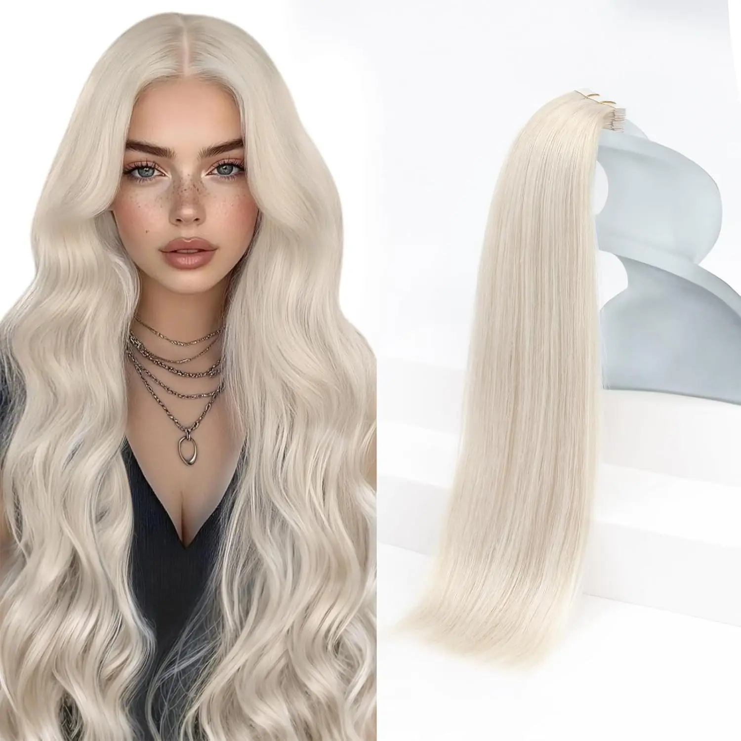 

VeSunny ape in Hair Extensions Real Human Hair Invisible Remy Hair Extensions Tape ins for Women White Platinum Blonde 26 Inch
