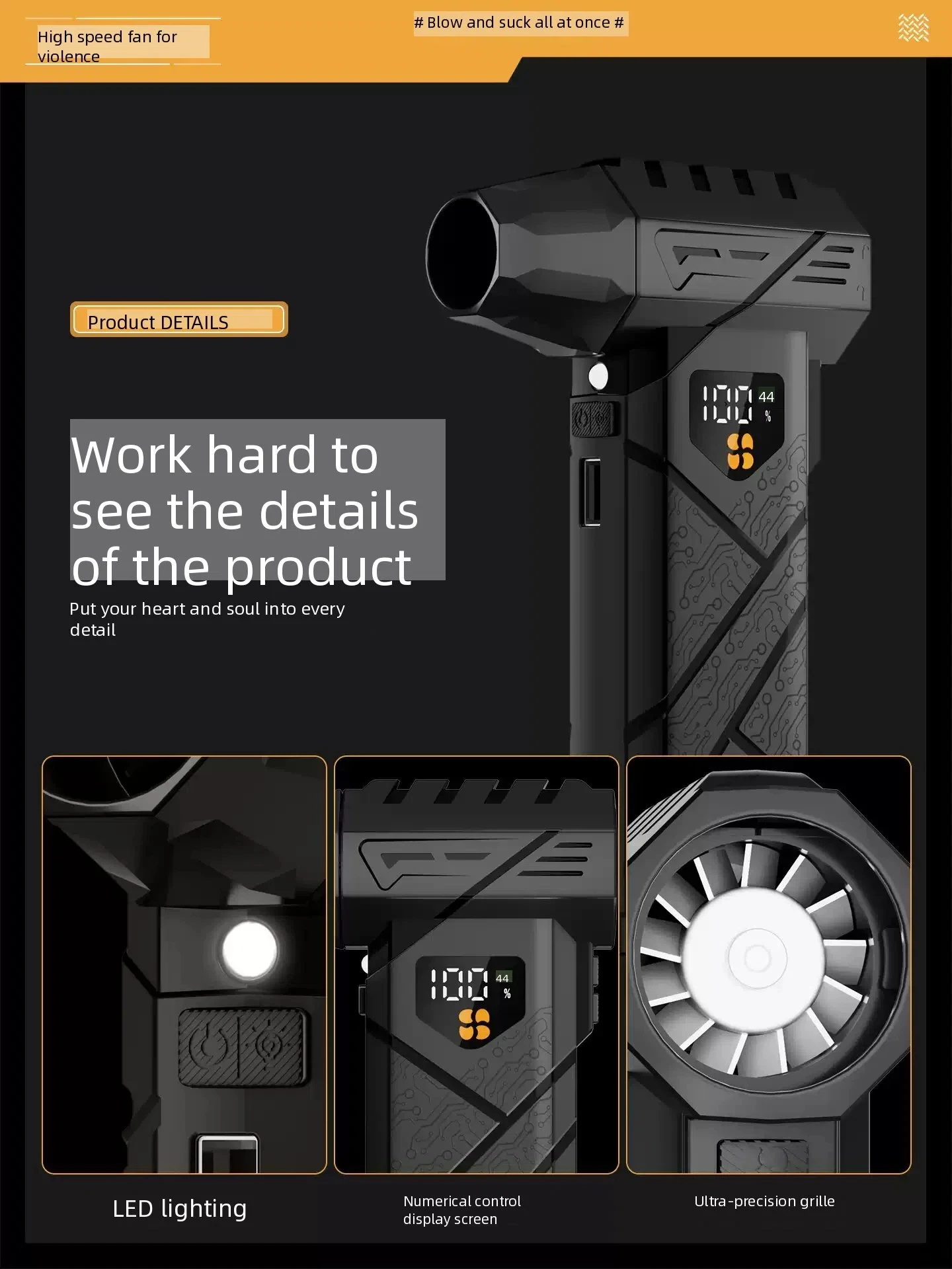 580000RPM Powerful Violent Fan 100-Gear Speed  Jet Blower 380G Thrust Turbo Air Blower With Power Bank Function LED Lighting