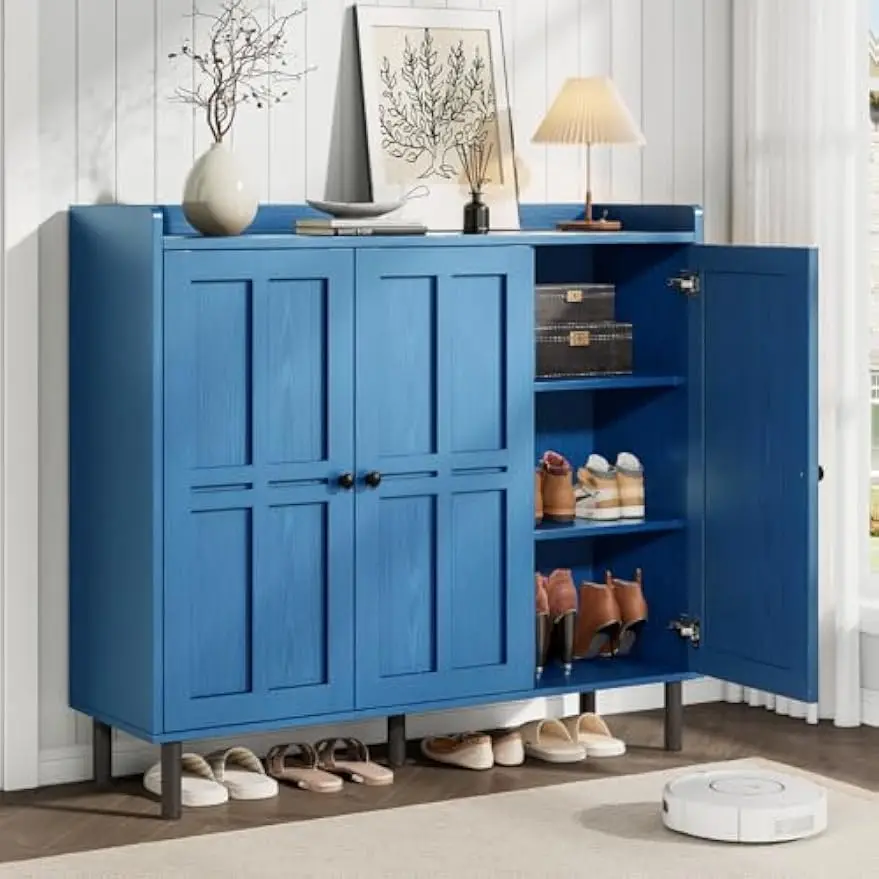 Blue Shoe Cabinet 3 Doors Adjustable Shelves Entryway 30 Pairs Shoe Storage 40 Inch Tall Farmhouse Shoe Rack Hallway Living Room