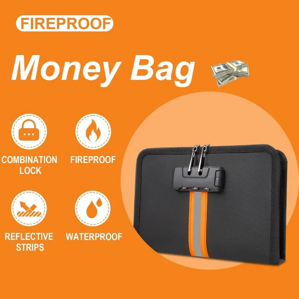 

Fireproof Money Bag with Combination Lock Waterproof Black Security Bag for Cash Portable with Zip Document Safe Bag Travel