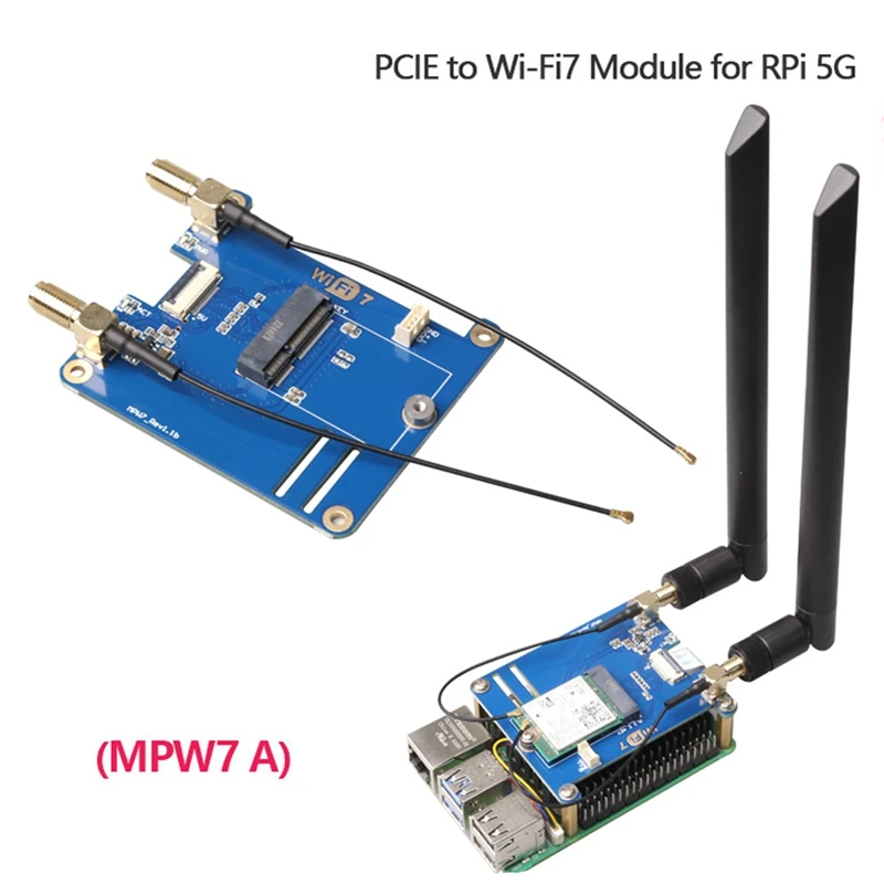 MPW7NA для Raspberry Pi 5 PCIE к модулю M.2 E-Key Wi-Fi7 + 2 антенны BE200, синяя печатная плата, поддержка Google TPU, Wif6e AX210, адаптер AX200