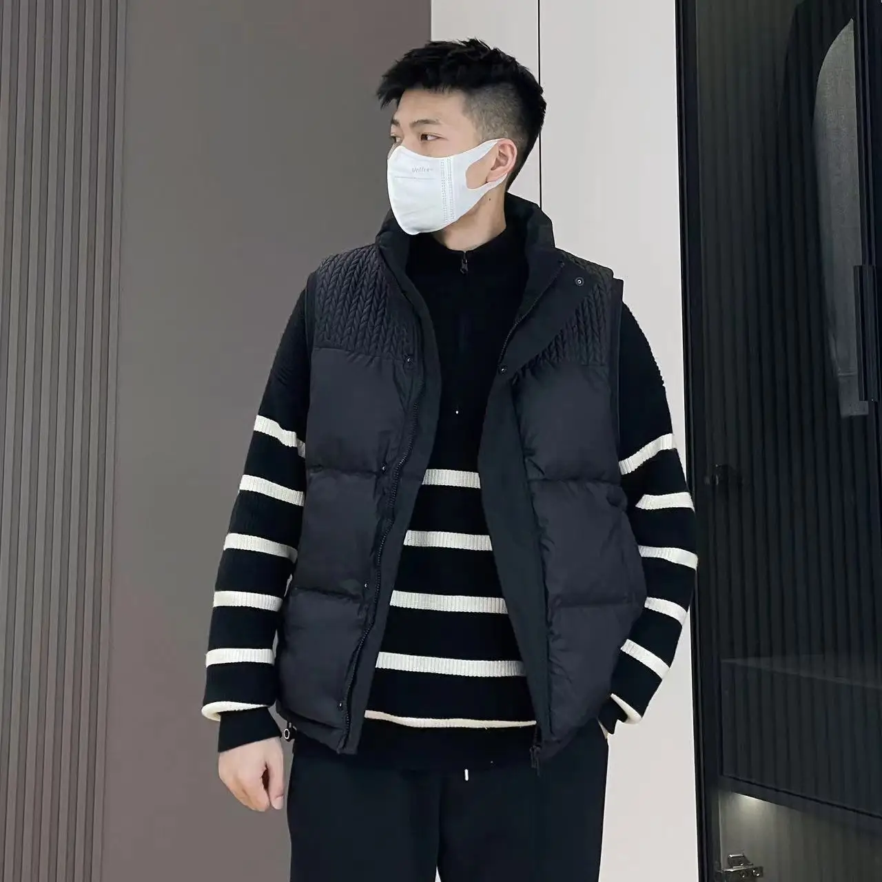 

Thiened White Du down Vest Winter Jaet High-Defn ain Texture Youth Faion Long Zipper Closure Modern Sle