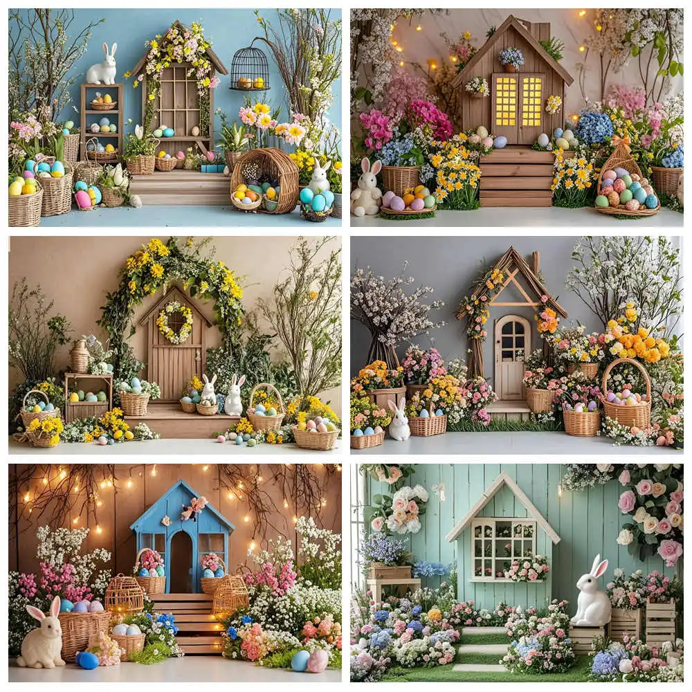 

Easter Egg Rustic Barn Door Background Kids Child Photocall Decors Adult Baby Props Wreath Floral Photography Studio Backdrop