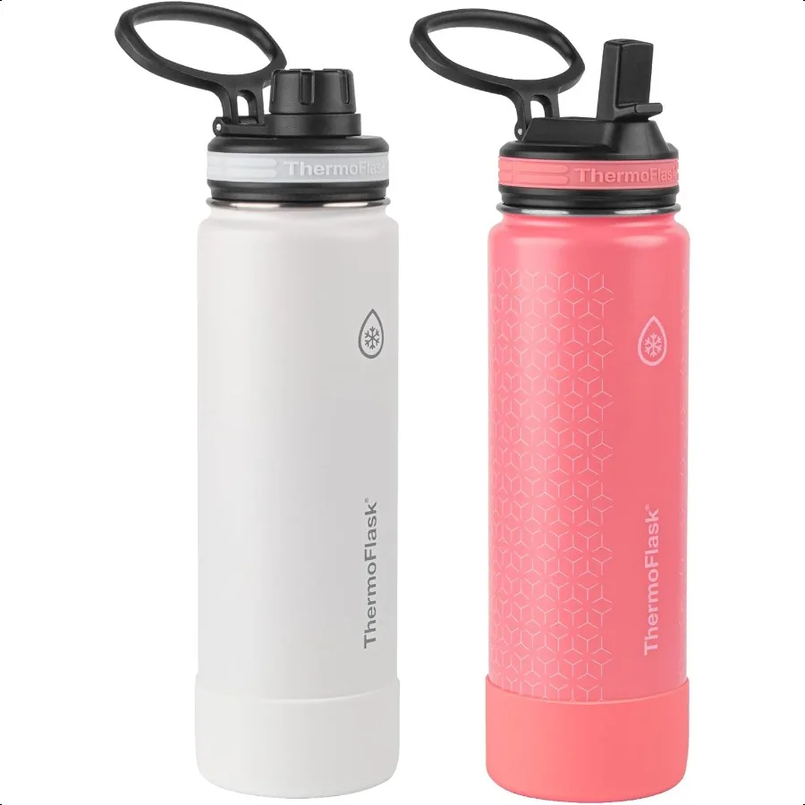 

24 oz Bottle with Spout and Straw Lid Stainl Steel DoubleWall Insulation BPAFree Leakproof Resuable White Coral 2 Pack