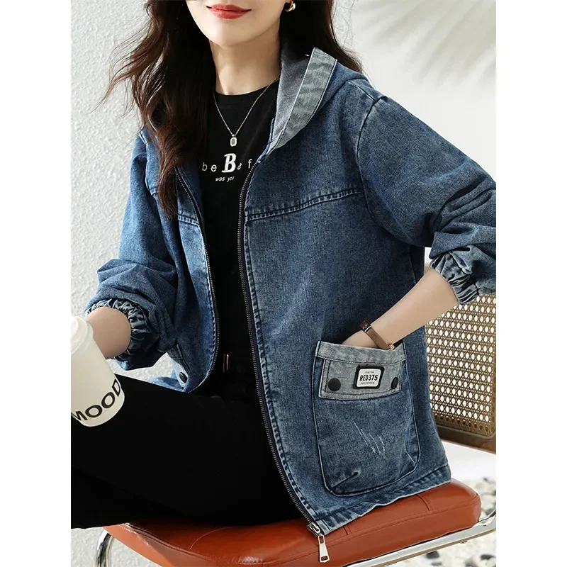 Women Denim Jacket New Spring Autumn Long Sleeve Tops Female Casual Hooded Jeans Jackets Women Big pocket Cowgirl Outerwear