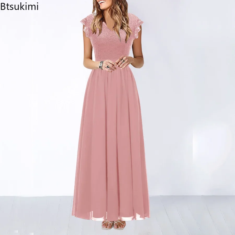 Women's Bridesmaid Dresses Wedding Party Long V Neck Maxi Dresses Fashion Vintage Lace Splicing Chiffon Elegant Evening Dresses