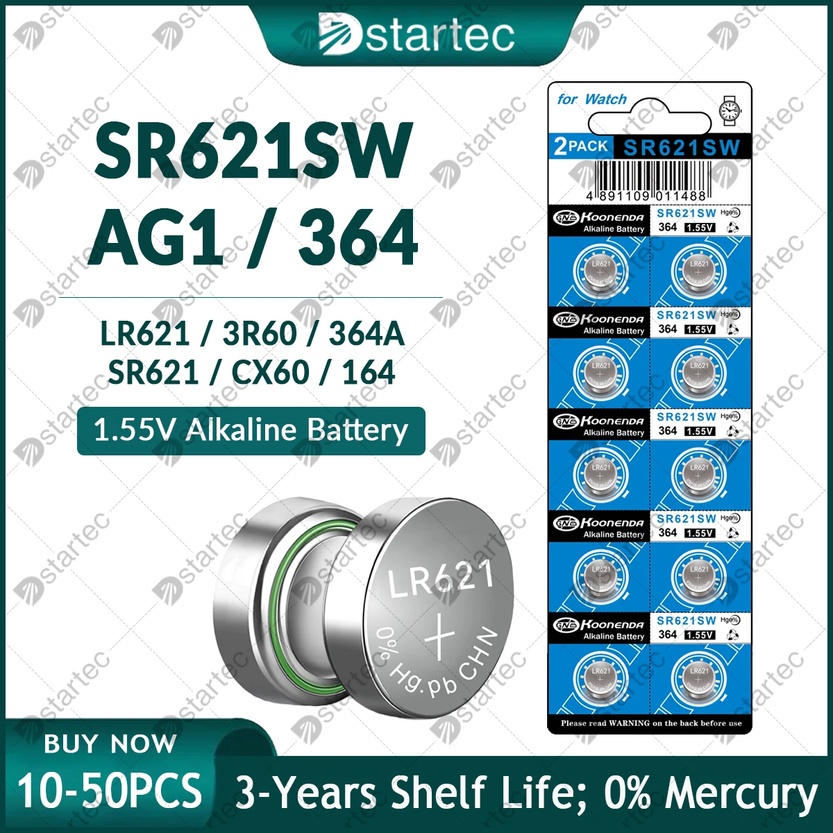 Koonenda LR621 AG1 1.55V Alkaline Button Battery, SR621SW 364 164 SR60 363 621 SR621 L621 CX60 Coin Cell for Watch Clock Remote