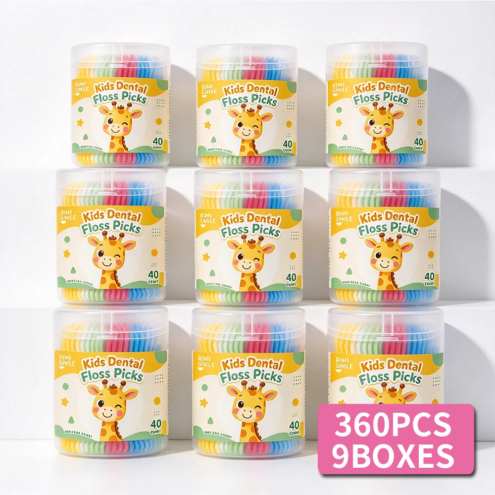 360PCS Kids Oral Care Dental Floss Picks, Giraffe Character Shape, 40Pcs Colorful Disposable Floss Sticks, Safe Soft Floss