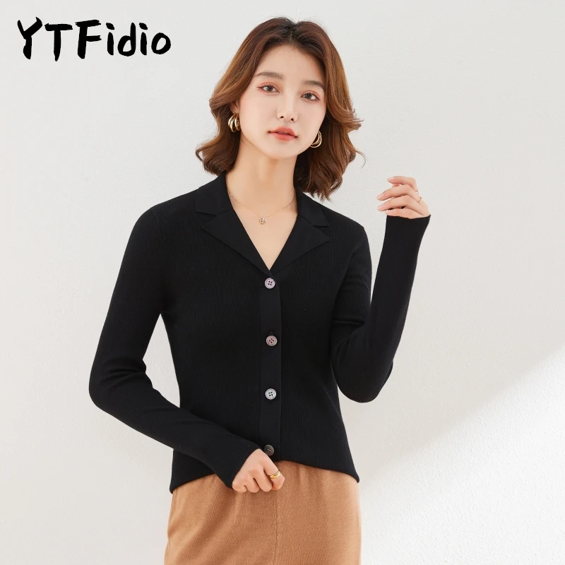 YTFidio 100% Wool Women Suit collar cardigan Solid Shirt Collar Casual Knitwear Tops Winter Autumn Office Cardigan 82