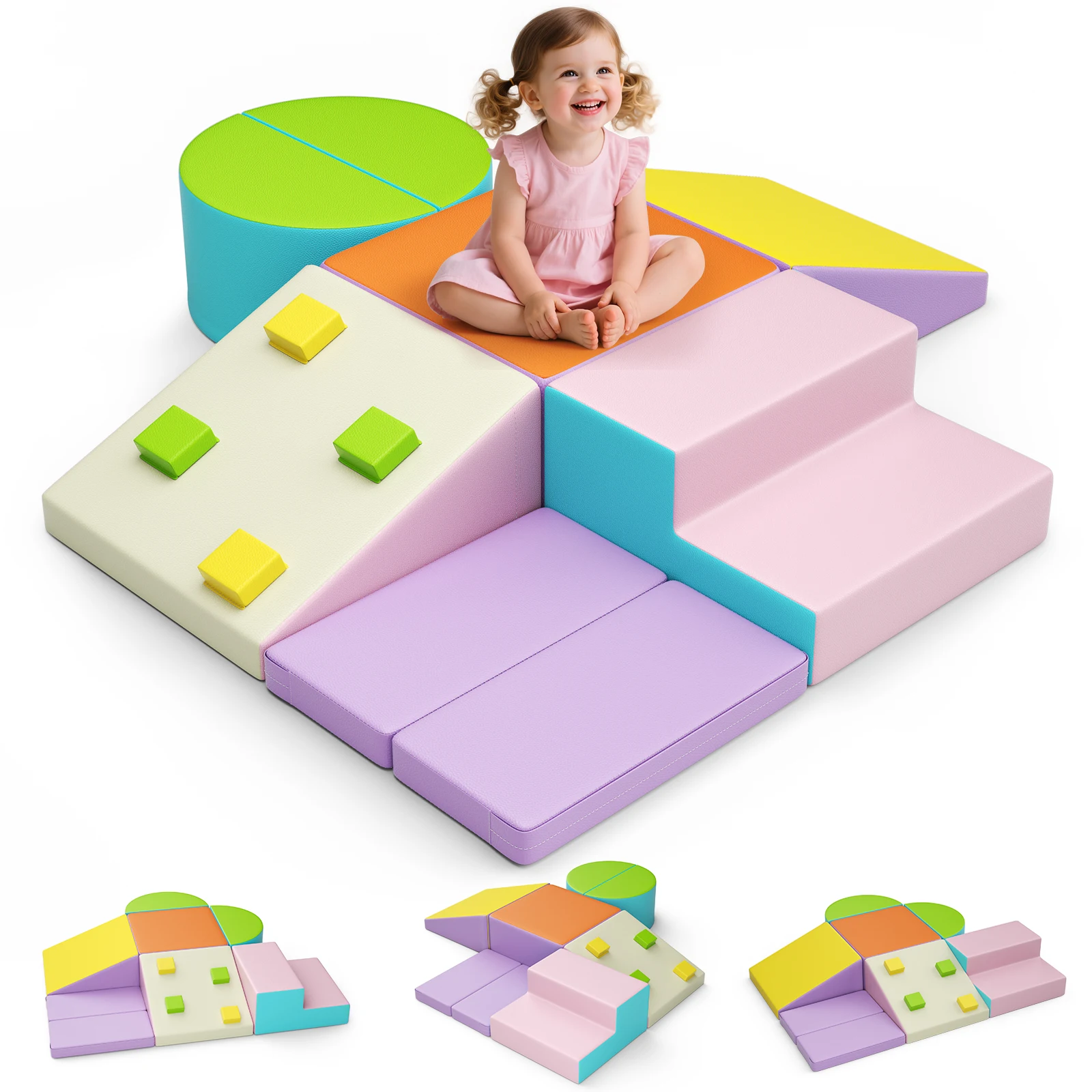 7-teiliges Schaumstoffblock-Set für Kleinkinder im Alter von 1–3 Jahren, Indoor-Spielplatz, Klettern, Krabbeln, Schaumstoff-Spielzeug, Fitnessstudio-Spielset, leichter Lederbezug