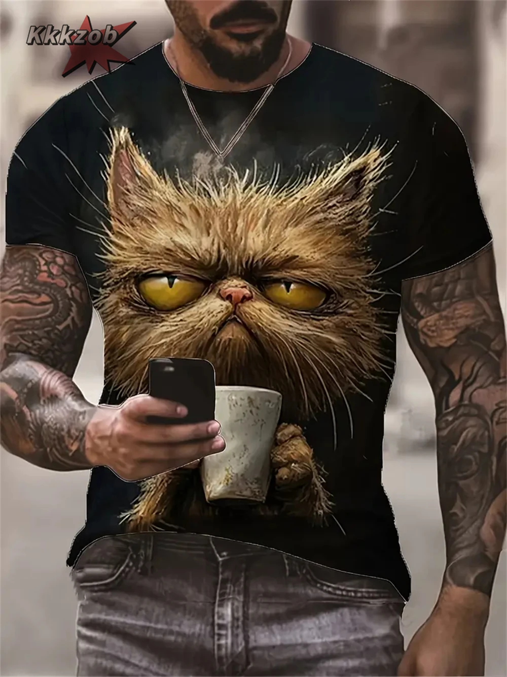 

Men's T-shirt Cartoon Cat Printed Pattern Breathing Summer T-Shirt Short Sleeve Large Size Loose Men T-Shirt