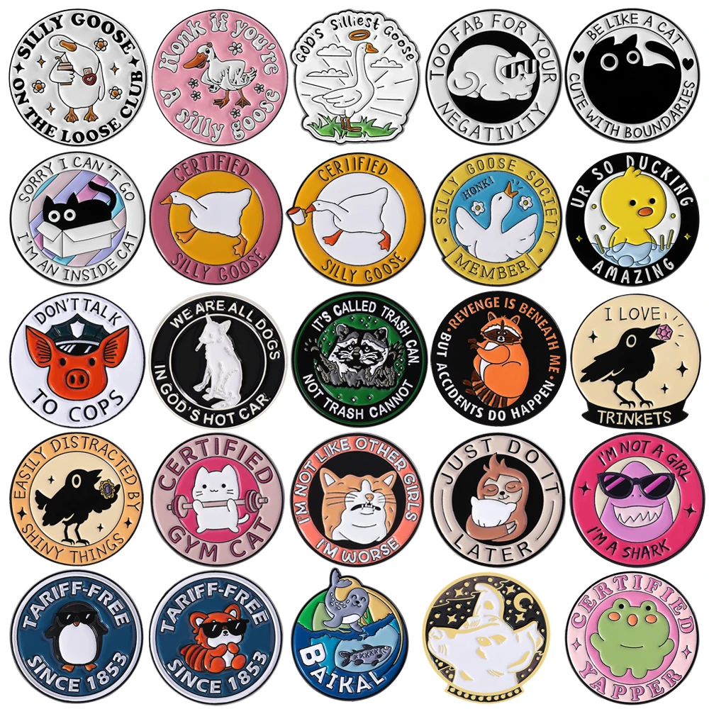 Cartoon Round Animal Metal Brooch Goose Duck Mouse Magic Crow Dumbbell Cat Penguin Sea Lion Wolf Frog Cartoon Badge Jewelry Gift