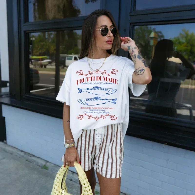 Boho Sardine Coastal Beach T-Shirts for Women Vintage Cotton Shirt Cute Seafood Tee Blouse 2025 Luźny krótki rękaw Graficzny top