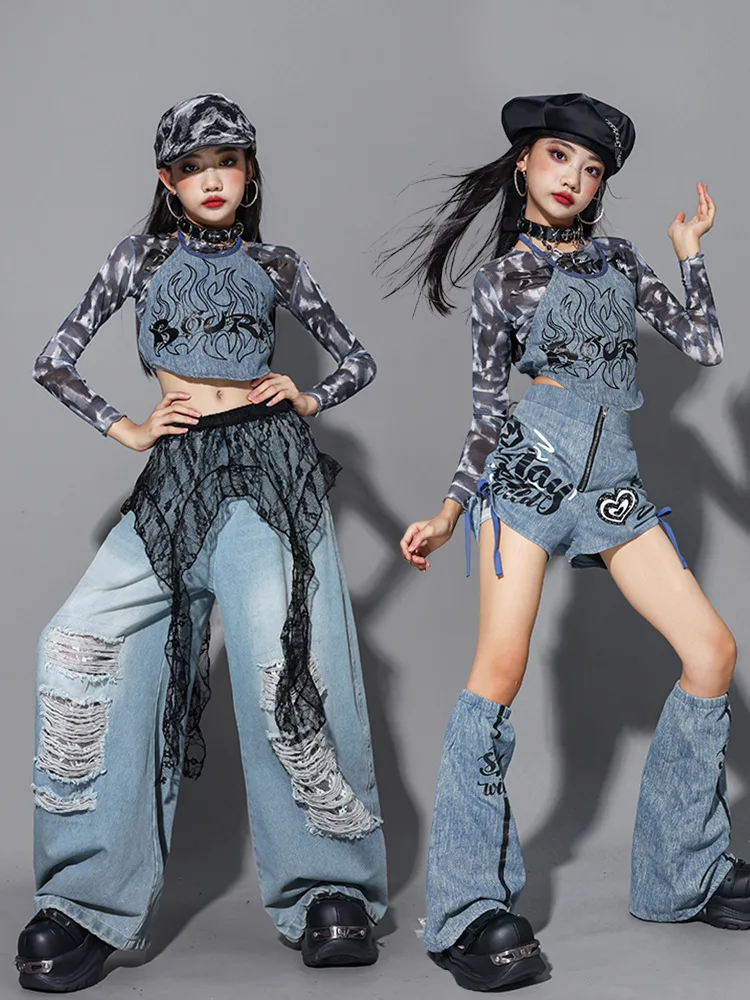 

Kids K-pop Denim Crop Top Street Dance Jeans Pants Girls Hip Hop Jazz Shorts Clothes Set Children Streetwear Girl Group Costumes