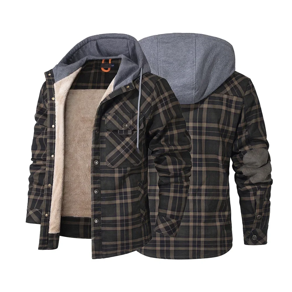 

Autumn Winter New Men Jackets Hooded Warm Coat Casual Thicken Plaid Work Flannel Snap Sherpa Lined Fleece Clothing