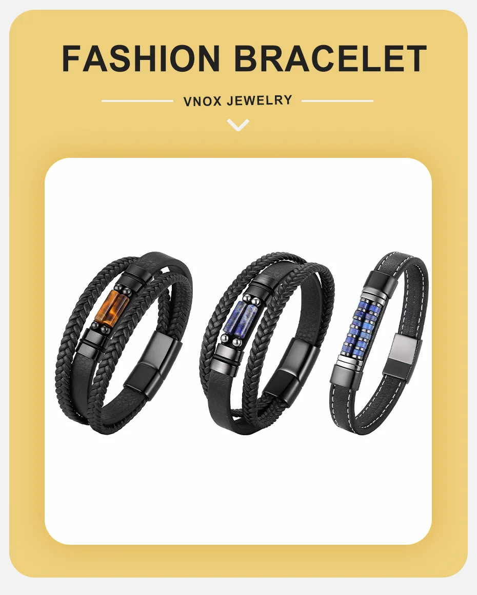 Vnox Herren-Lederarmband, Naturstein, Perlen, geflochten, mehrschichtig, Armband mit Magnetverschluss, Punk-Schmuck, Geschenk für Vater, Sohn, Ihn – Detail 1