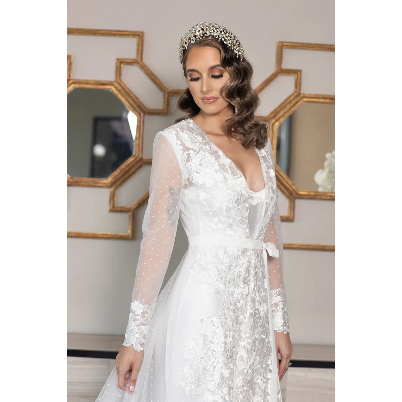 Lace Appliqued Bride Robe for Wedding Long Sleeve Lingerie Women Fotos Gowns Boudoir Bathrobe Maternity Dress For Babyshower