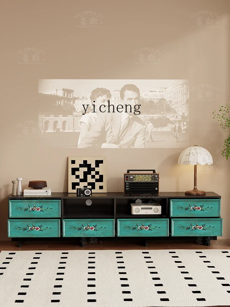 Zc Hand-Painted TV Cabinet Retro Living Room Background Wall Display Cabinet Projection Floor Cabinet