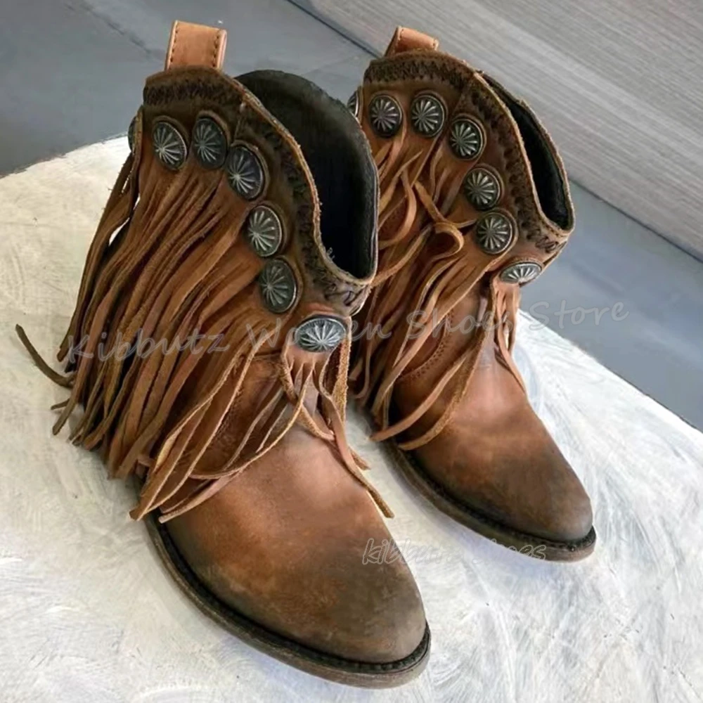 Rivet Fringe Ankle Boots Vintage Cowboy Genuine Leather Slip-On Fashion Elegant Concise Sexy Luxury Women Shoes Newest Round Toe