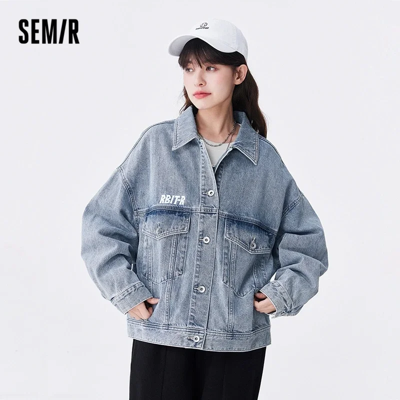 Semir Women Jacket Denim  Hit Color Lapel Printed Jacket Niche Casual Autumn Trendy Personality Loose Clothes Jacket for Women