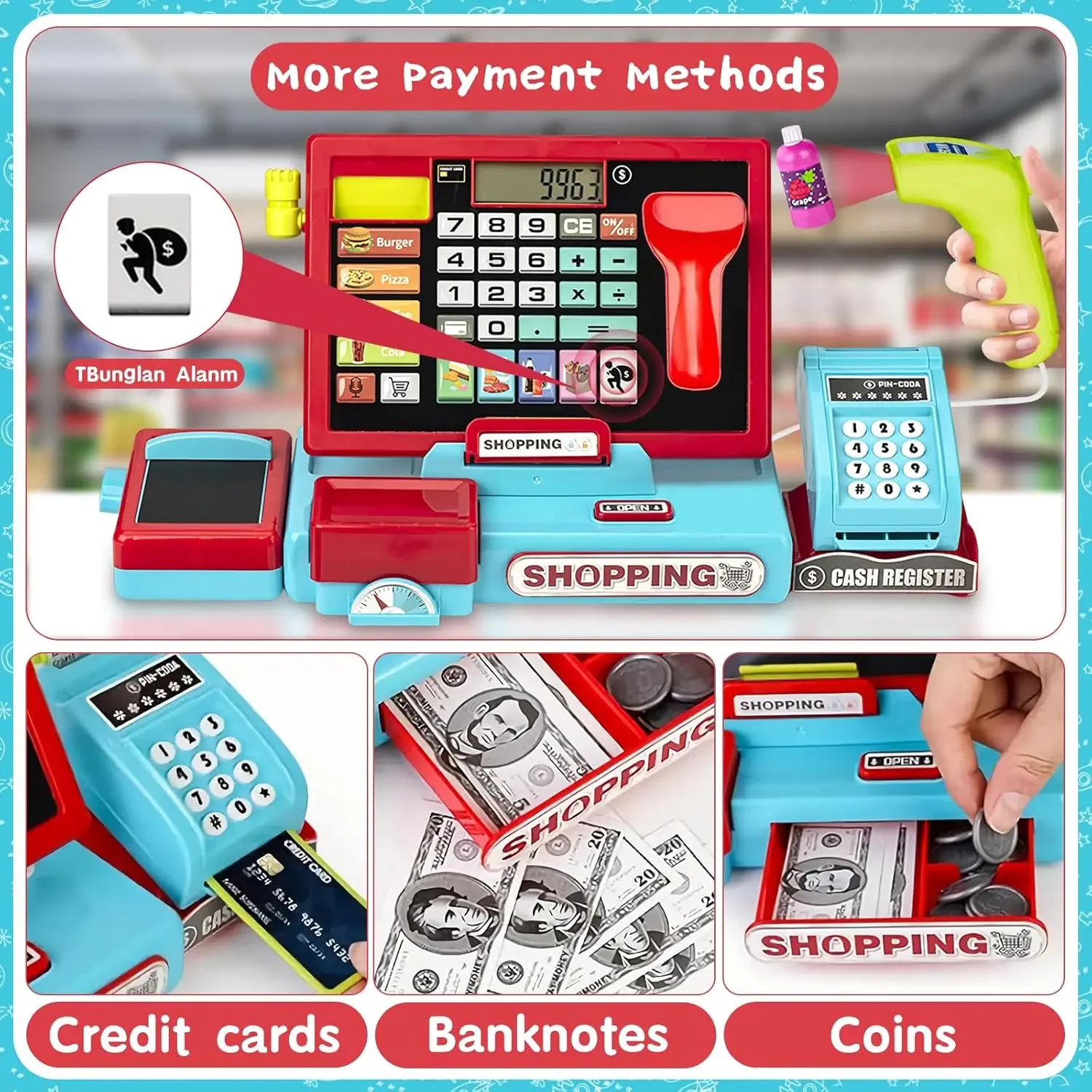 

Кассовый аппарат для покупок, игровой набор, игрушечный калькулятор, аппарат для ролевых игр с музыкой, супермаркет, игровой домик, игровая игрушка для детей