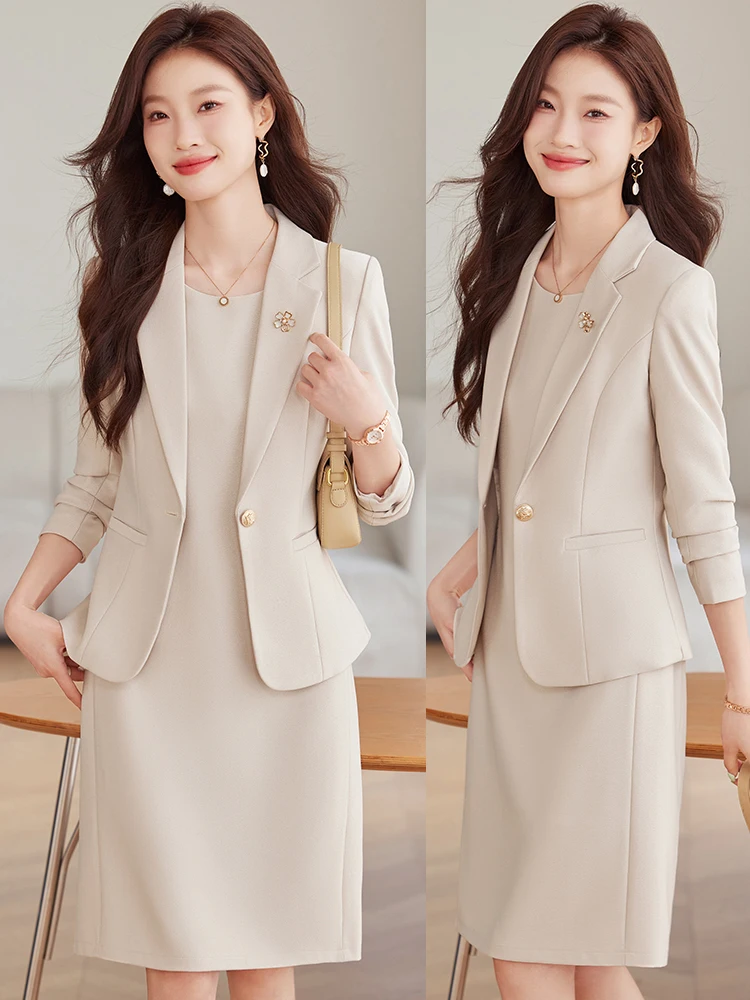 

Elegant Beige Suit Jacket Women's Spring Autumn Professional Dress Code Inner Dress Set Slim Fit Style Button Pocket Detail