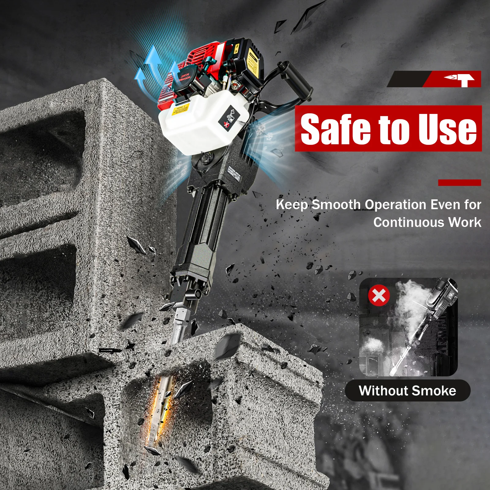 

52CC 2-Stroke Demolition Hammer, Gas Powered Jack Hammer with Fuel Mixing Bottle, Point Chisel & Flat Chisel