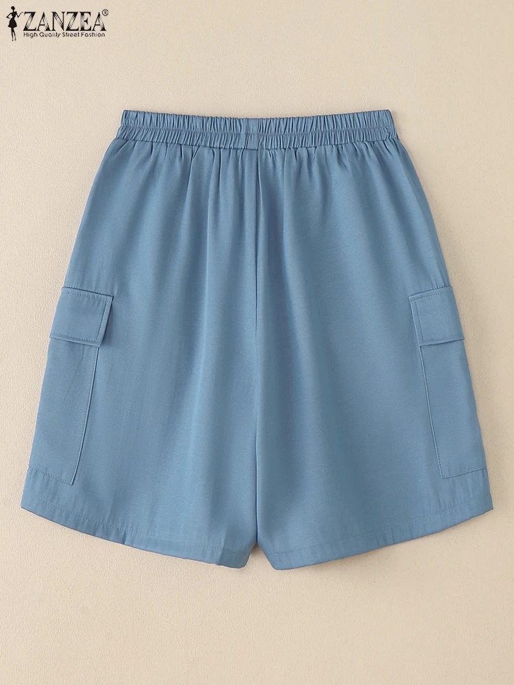 ZANZEA, pantalones cortos de verano para mujer, pantalones vaqueros suaves azules, moda informal, pantalones holgados con cintura elástica, pantalones de trabajo elegantes, ropa de calle
