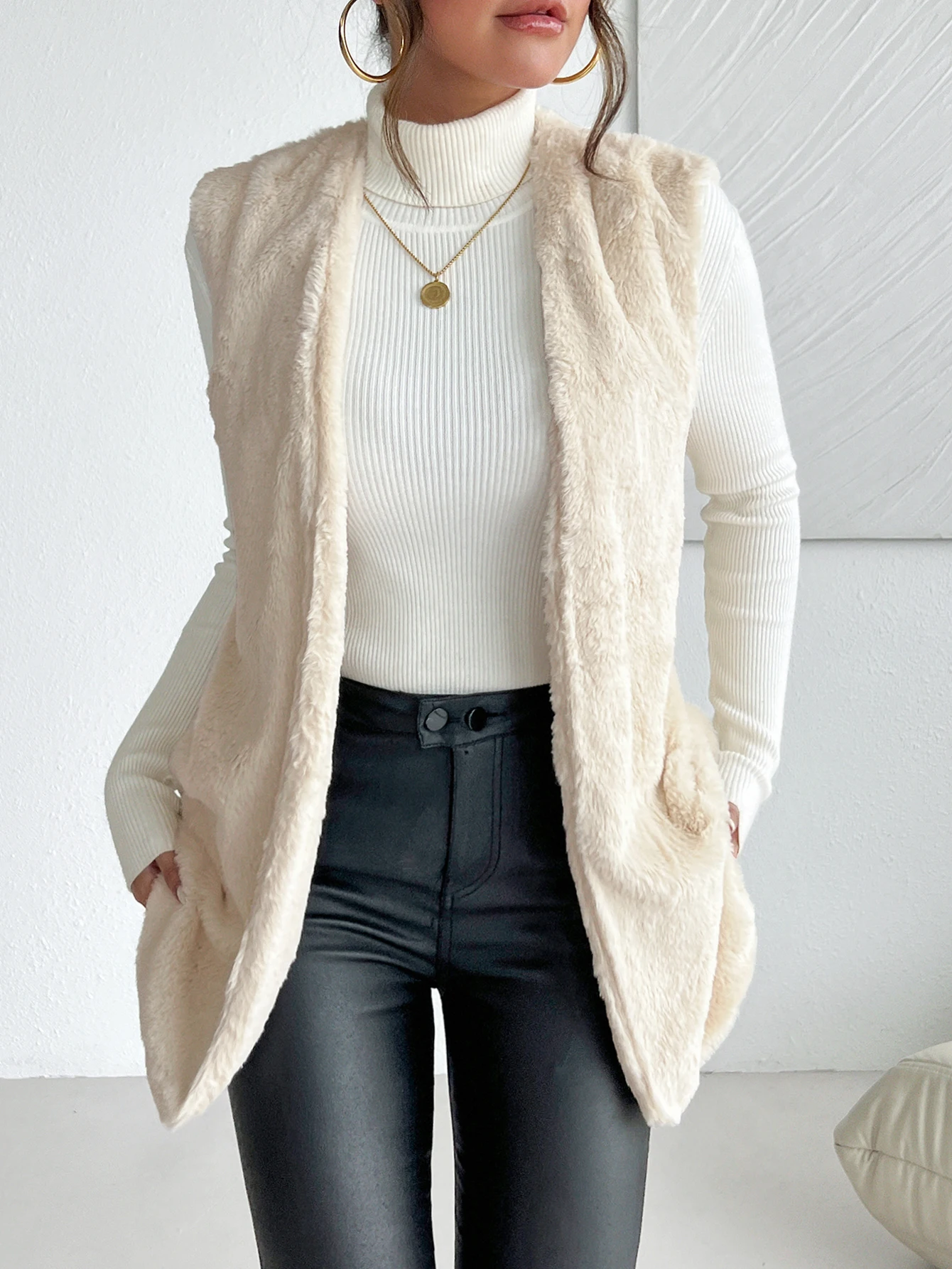 New autumn and winter fashion lamb fur vest women\'s solid color medium long jacket plush cardigan sleeveless jacket